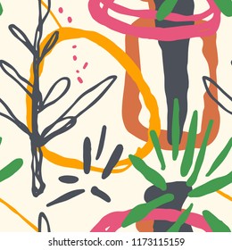 The seamless colorful abstract pattern with tropical leaves. Exotic overlapping nature background for your design.Textile, blog decoration, banner, poster, wrapping paper.