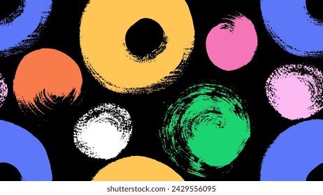 Seamless colorful abstract pattern with various circles and dots. High quality naive childish style wallpaper with colored round paint stamps. Vector circular naive shapes with dry grunge texture.