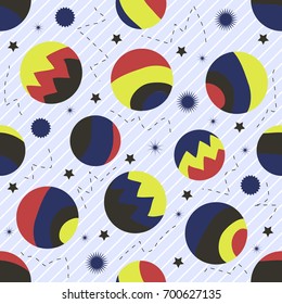 seamless colorful abstract planet pattern on blue stripe background