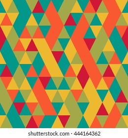 Seamless colorful abstract triangles pattern. Retro background of geometric shapes. Bright modern mosaic backdrop. Vintage triangle ornament. Creative cover, decorative elements. Vector illustration.