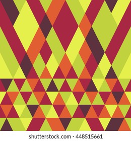 Seamless colorful abstract triangles pattern. Retro background of geometric shapes. Bright modern mosaic backdrop. Vintage triangle ornament. Creative cover, decorative pattern. Vector illustration.