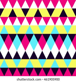 Seamless colorful abstract triangles pattern. Retro background of geometric shapes. Bright modern mosaic backdrop. Vintage triangle ornament. Creative cover, decorative pattern. Vector illustration.