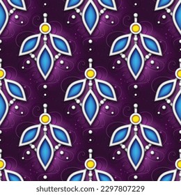 Seamless Colorful Aesthetic Pattern with Magical Crystals. Endless Modern Mosaic Texture. Futuristic Abstract Concept. Textured Fantasy Background. Vector 3d Illustration