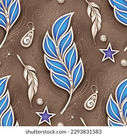 Seamless Colorful Aesthetic Pattern with Mystical Elegant Feather, Beads, Stars and Earring. Aesthetic Object with Oriental Stylization. Futuristic Concept. Textured Background. Vector 3d Illustration