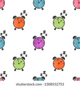 Seamless colorful alarm clock pattern. Vector print, kids design