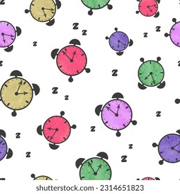 Seamless colorful alarm clock pattern. Textile, fabric design