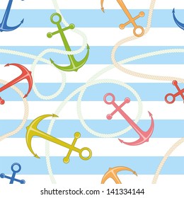 Seamless colorful anchors and ropes pattern. Striped background. Vector illustration.