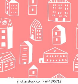 The seamless colorful  architectural pattern with scandinavian houses. Hand drawn overlapping background for your design.Textile, blog decoration, banner, poster, wrapping paper.