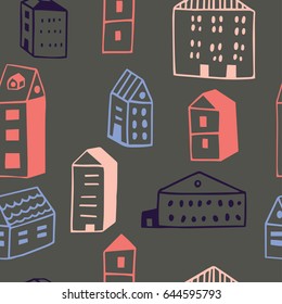 The seamless colorful  architectural pattern with scandinavian houses. Hand drawn overlapping background for your design.Textile, blog decoration, banner, poster, wrapping paper.