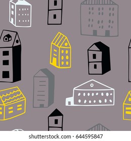 The seamless colorful  architectural pattern with scandinavian houses. Hand drawn overlapping background for your design.Textile, blog decoration, banner, poster, wrapping paper.