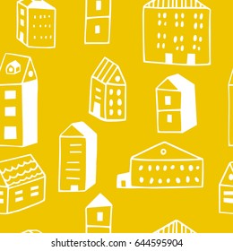 The seamless colorful  architectural pattern with scandinavian houses. Hand drawn overlapping background for your design.Textile, blog decoration, banner, poster, wrapping paper.