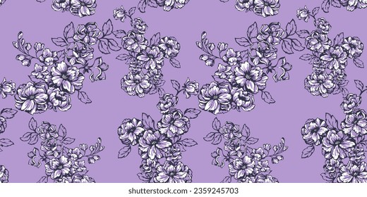 Nahtlose farbige künstlerische Blumenmuster. Blumenteppiche auf violettem Hintergrund. Vektorgrafik handgezeichnet abstrakte Blumen. Muster für Design, Textilien, Mode, Druck, Oberflächengestaltung, Papier