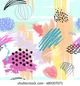 Seamless colorful artistic abstract pattern. Hand drawn repeatable creative background. Doodle sketch design from painted texture.