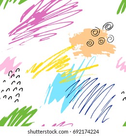 Seamless colorful artistic abstract pattern. Hand drawn repeatable creative background. Doodle sketch design from painted texture.