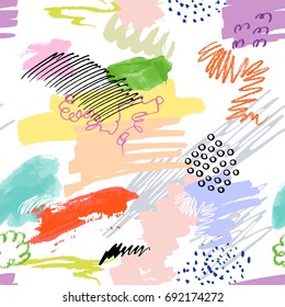Seamless colorful artistic abstract pattern. Hand drawn repeatable creative background. Doodle sketch design from painted texture.