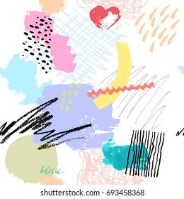 Seamless colorful artistic abstract pattern. Hand drawn repeatable creative background. Doodle sketch design from painted texture.