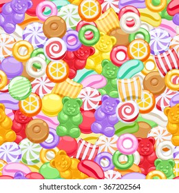 Seamless colorful assorted sweets vector background. Marshmallow gummy bears hard candies dragee jelly beans peppermint candy pattern.