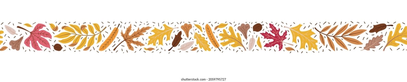 Seamless colorful autumn border pattern. Cute flat fallen leaves illustrations on white background. Modern pattern. Vector.