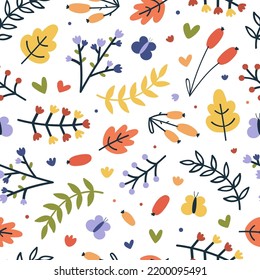 seamless colorful autumn cute pattern of leaves and flowers on white background