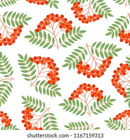 Seamless colorful autumn pattern with rowan berries and green leaves on a white background. Floral rowan illustration for print.