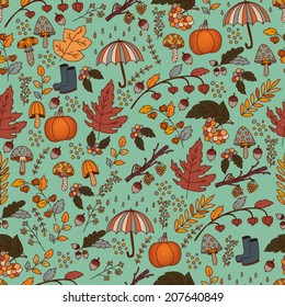 Seamless Colorful Autumn Vector Pattern /  Vector illustration of mushrooms, acorns, oak leaves, cranberries, pumpkin, berries, autumn harvest. Illustration for the autumn mood.