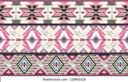 Seamless colorful aztec pattern with birds and arrow