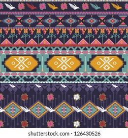 Seamless colorful aztec pattern with birds, flowers and arrow