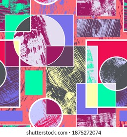 Seamless colorful backdrop with chaotic geometry pattern like circles, square elements and grunge spots