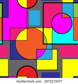 Seamless colorful backdrop with chaotic geometry pattern like circles, square elements