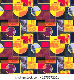 Seamless colorful backdrop with chaotic geometry pattern like circles, square elements and grunge spots