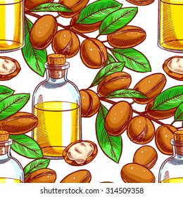 seamless colorful background with Argan nuts and a bottle of oil. hand-drawn illustration