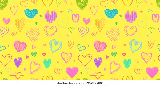 Seamless colorful background with big and small hearts. Abstract geometric wallpaper of the surface. Hand drawn simple love signs. Print for polygraphy, posters, t-shirts and textiles