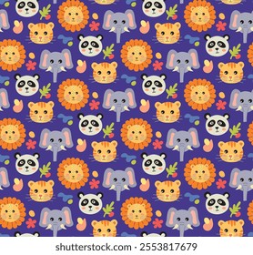 Seamless colorful background with cute animal's faces. Flat childish pattern with cartoon characters.	