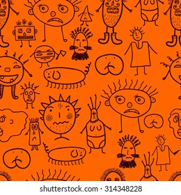 Seamless colorful background with cute monsters, microbes and bacillus, vector illustration.