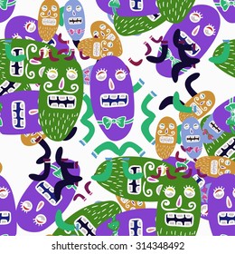 Seamless colorful background with cute monsters. Vector illustration.