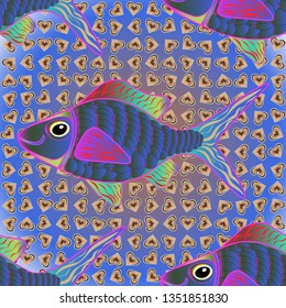 Seamless colorful background. Colorful cute texture fish pattern. Vector illustration. Fishes in beige, blue and violet colors.