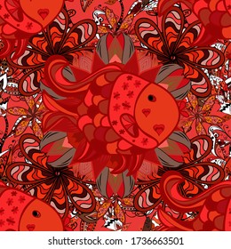 Seamless colorful background. Colorful cute texture fish pattern. Fishe on black, orange and red colord. Vector illustration.