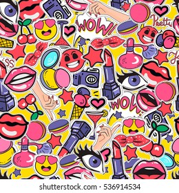 Seamless colorful background with fashion patch badges with lipstick, smiley, eyes and other elements. Vector pattern with stickers, pins, patches in cartoon 80s-90s comic cartoon style.