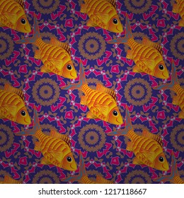 Seamless colorful background. Fishes in blue, brown and magenta colors. Vector illustration. Colorful cute texture fish pattern.