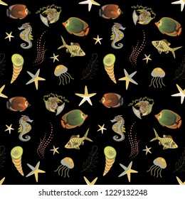 Seamless colorful background. Fishes in brown, green and yellow colors. Vector illustration. Cute texture fish pattern.