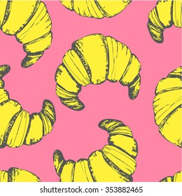 Seamless colorful background with french croissant. Croissant funny pattern. Hand-drawn sketch. Fresh organic food.  Yellow and pink.