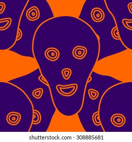 Seamless colorful background with funny skulls, vector illustration. Halloween theme party pattern. Design element for cards, poster, banner, web, flyer, scrapbook, wallpaper. 