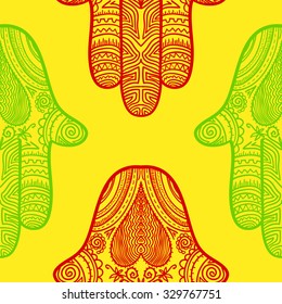 Seamless colorful background with hamsa(hand of Fatima), vector illustration.