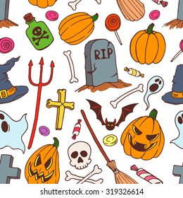 seamless colorful background of holiday halloween symbols. hand-drawn illustration