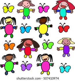 seamless colorful background with kids and butterfly
