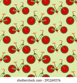 Seamless colorful background made of bikes with strawberry wheels