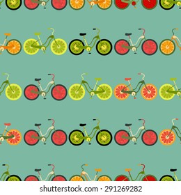 Seamless colorful background made of bikes with fruit wheels 