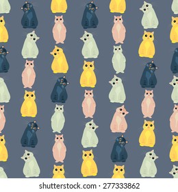 Seamless colorful background made of  cats in different poses in flat design