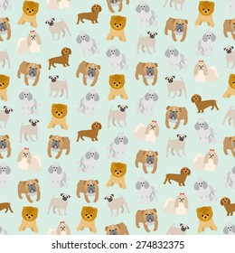 Seamless colorful background made of different breeds of dogs in flat design