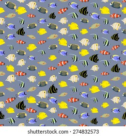 Seamless colorful background made of different exotic fish  in flat design